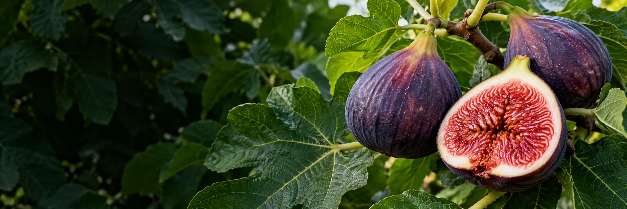 Ripe purple figs, a cut fig and lush green fig leaves